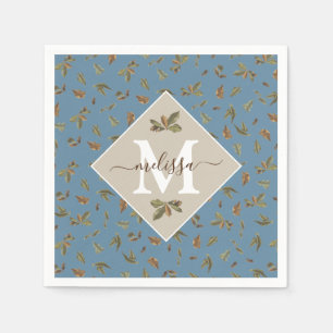 Serviette En Papier Dusty Blue Rustic Feuilles Brown Monogramme