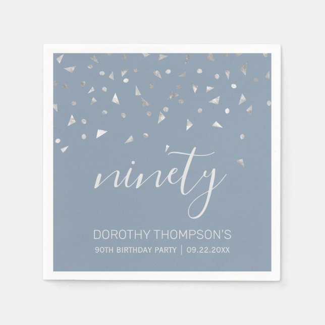 Serviette En Papier Dusty Blue Silver Confetti 90e fête d'anniversaire (Devant)
