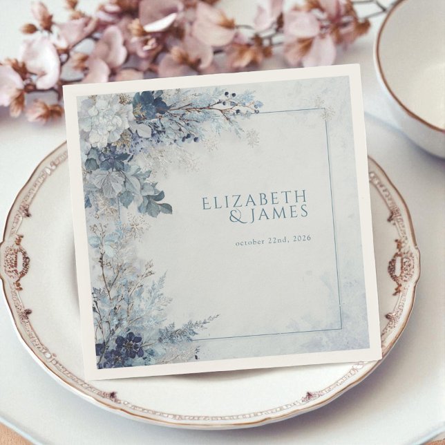 Serviette En Papier Dusty Blue Silver Rose hiver Floral Mariage (Dusty Blue Silver Rose Winter Floral Wedding Napkins)