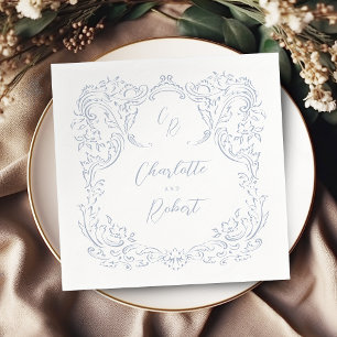 Serviette En Papier Dusty Blue Vintage Flourd Mariage Monogramme