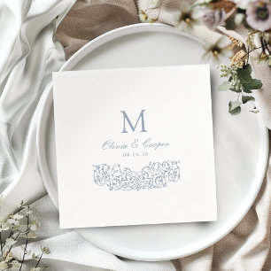 Serviette En Papier Dusty Blue Vintage Ornate Classic Mariage Monogram