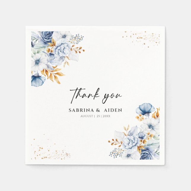 Serviette En Papier Dusty Blue White Gold Floral Mariage (Devant)