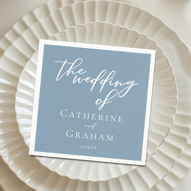 Serviette En Papier Dusty Blue White Typographie Mariage côtier (Créateur téléchargé)