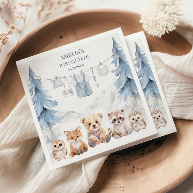 Serviette En Papier Dusty Blue Woodland Adventure Awaits Baby Shower (Créateur téléchargé)