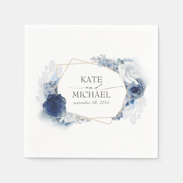 Serviette En Papier Dusty et Mariage floral bleu marine (Devant)
