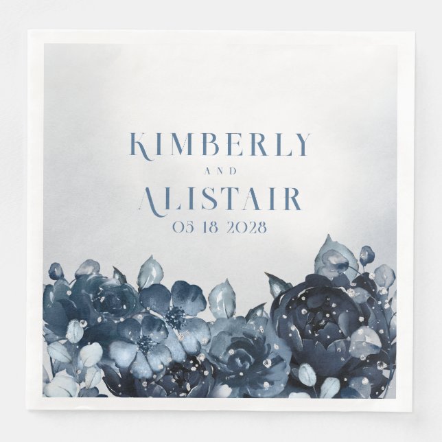 Serviette En Papier Dusty Navy Blue Peony Mariage de papier dîner serv (Devant)