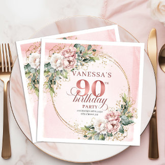Serviette En Papier Dusty Pink Watercolor Floral 90th Birthday Party  