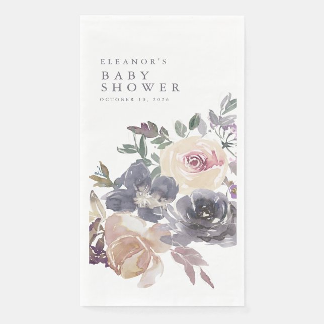 Serviette En Papier Dusty Purple Floral Aquarelle Nom Baby shower (Devant)