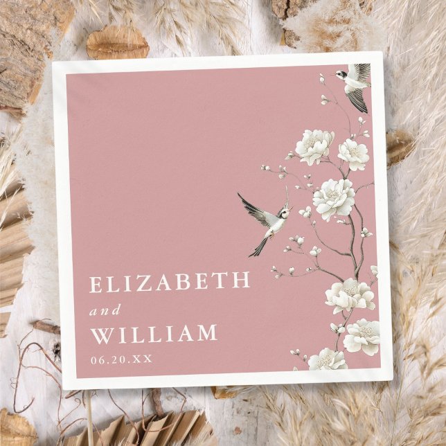 Serviette En Papier Dusty Rose Élégante Chinoiserie Floral Mariage (Dusty Rose Elegant Chinoiserie Floral Wedding Napkins)