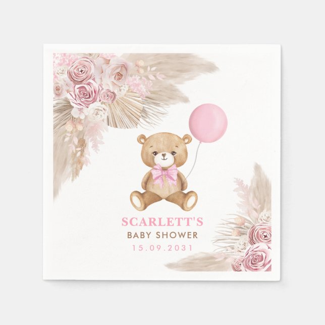 Serviette En Papier Dusty Rose Floral Girl Boho Teddy Bear Baby (Devant)