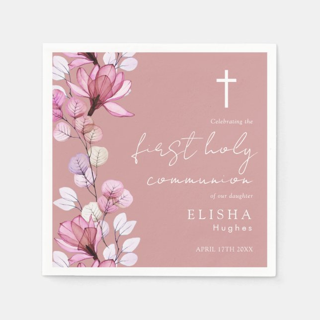 Serviette En Papier Dusty Rose rose Floral Première sainte communion (Devant)