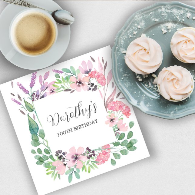 Serviette En Papier Dusty rose violet Fleur sauvage 100e fête d'annive (Créateur téléchargé)