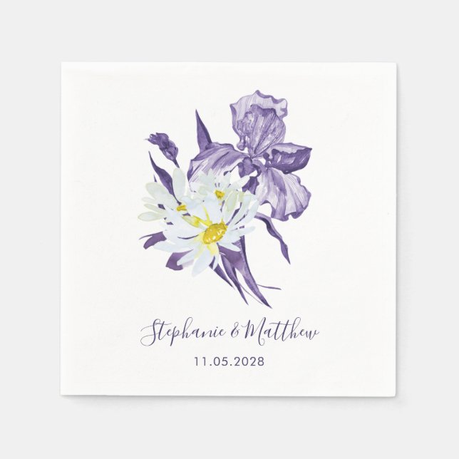 Serviette En Papier Dusty violet Iris blanc marguerite Mariage botaniq (Devant)