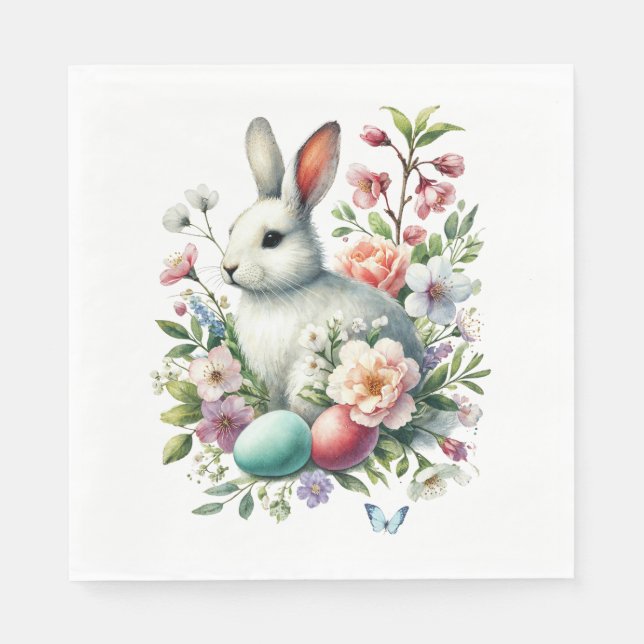Serviette En Papier Easter Aquarelle Lapin, Oeufs & Fleurs (Devant)