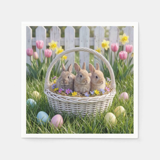 Serviette En Papier Easter Bunnies In a Wicker Basket on Grass (Devant)