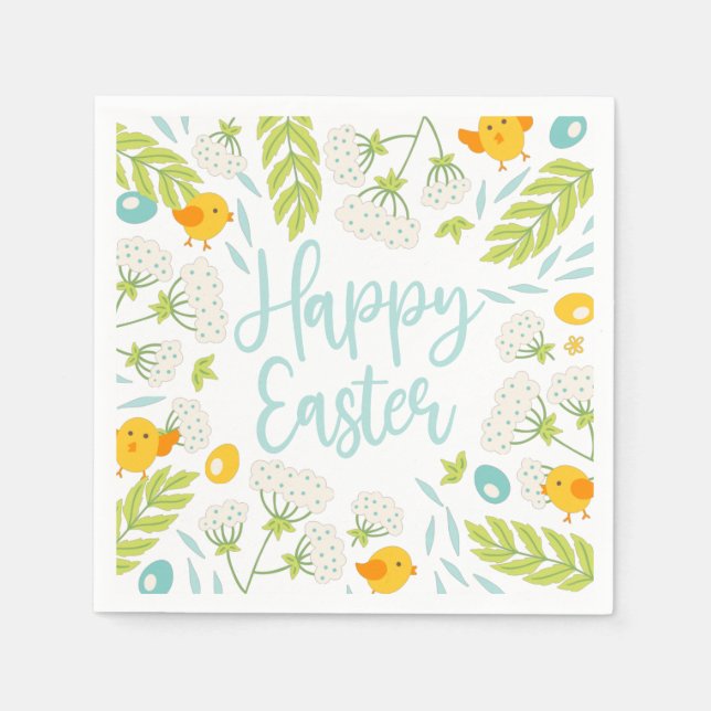 Serviette En Papier Easter Chicks Spring Floral Foliage  (Devant)