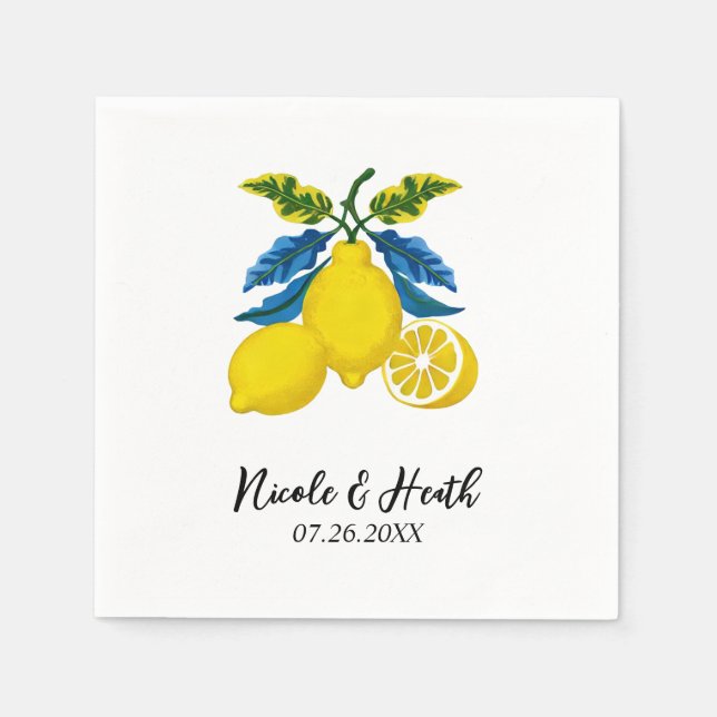 Serviette En Papier Eau aquarelle jaune bleu méditerranéen mariage (Devant)