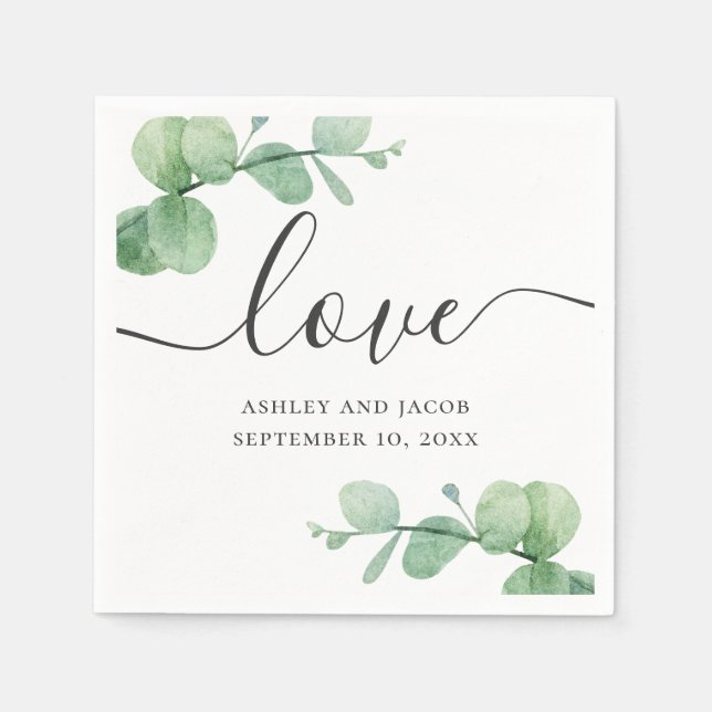 Serviette En Papier Eau-couleur eucalyptus. Mariage de script élégant (Devant)