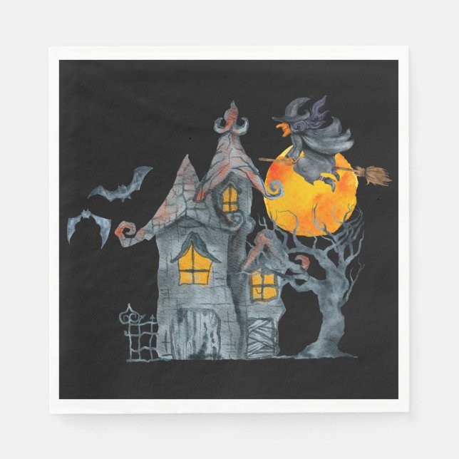 Serviette En Papier Eau couleur Sorcière et maison éffrayante Hallowee (Devant)
