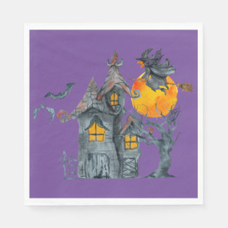 Serviette En Papier Eau couleur Sorcière et maison éffrayante Hallowee