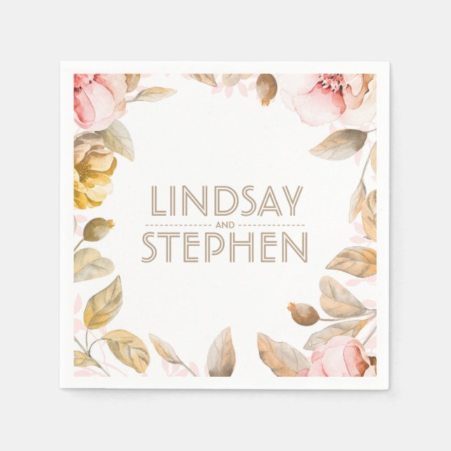 Serviette En Papier Eau dorée et bleu Fleurs d'aquarelle Mariage vinta (Devant)