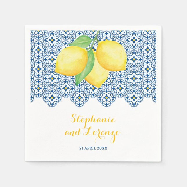 Serviette En Papier Eau méditerranéenne Citrons Carrelage bleu Mariage (Devant)