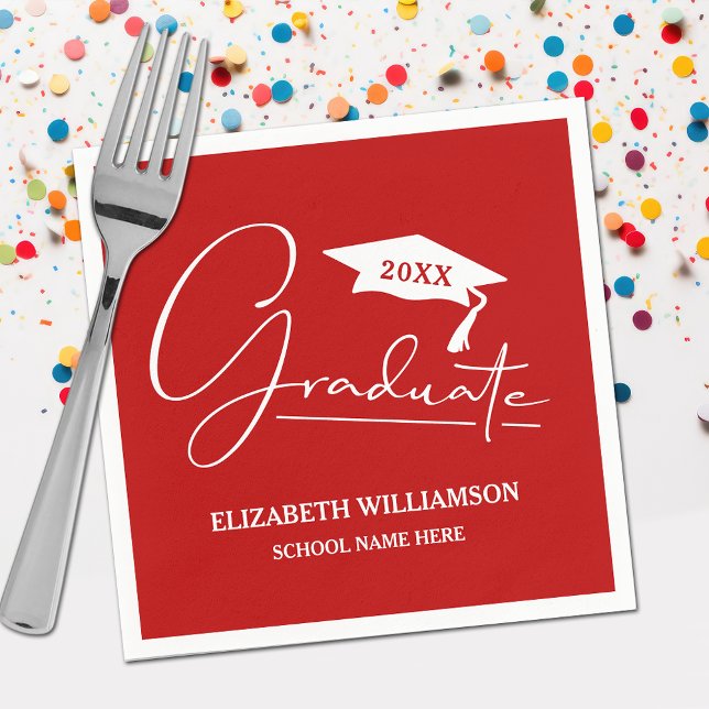 Serviette En Papier Écarpe de la barre de graduation de script blanc (Your name, class year and "Graduate" in a cool script on scarlet red school color party napkins)