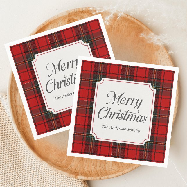 Serviette En Papier Écossais rouge Joyeux Noël (Red Plaid Modern Merry Christmas Holiday Napkin)