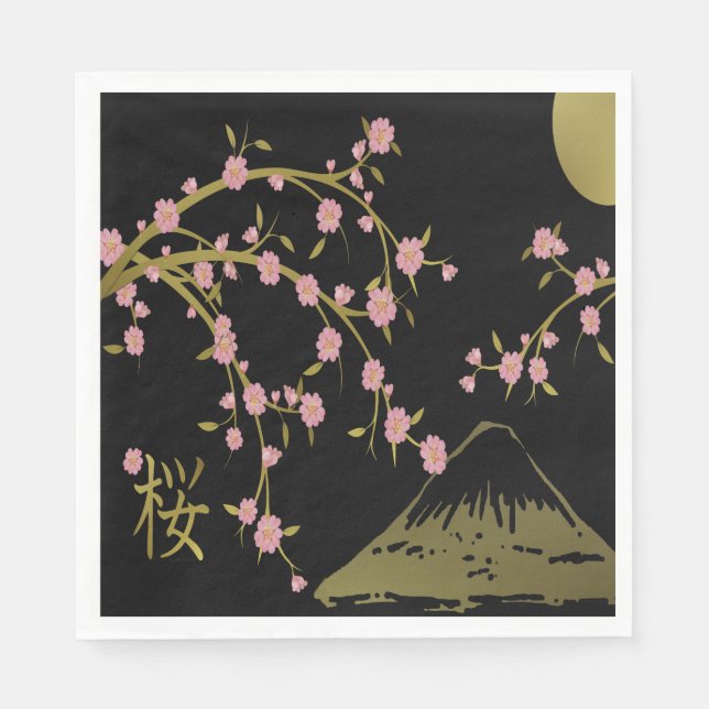 Serviette En Papier Écran Japonais Rose Sakura Or Noir (Devant)