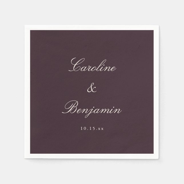 Serviette En Papier Écriture Classique Prune Élégant Mariage Nom Perso (Devant)