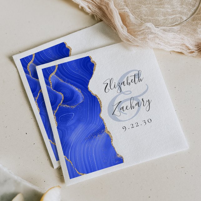 Serviette En Papier Écriture de géode d'agate Mariage bleu royal or (Créateur téléchargé)