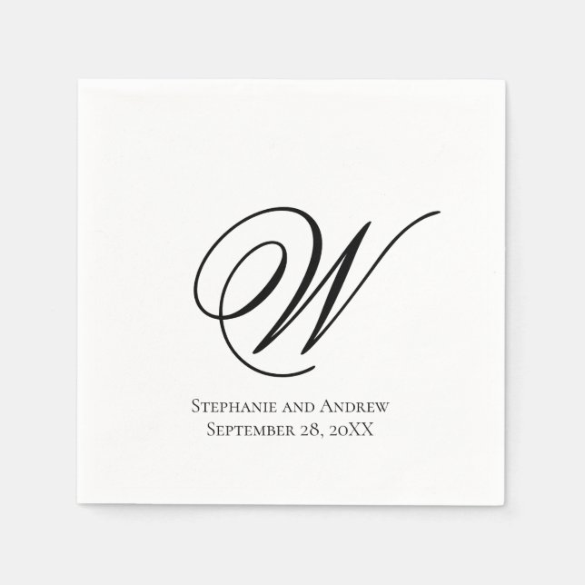 Serviette En Papier Écriture Monogramme Noir Blanc Élégant Mariage (Devant)