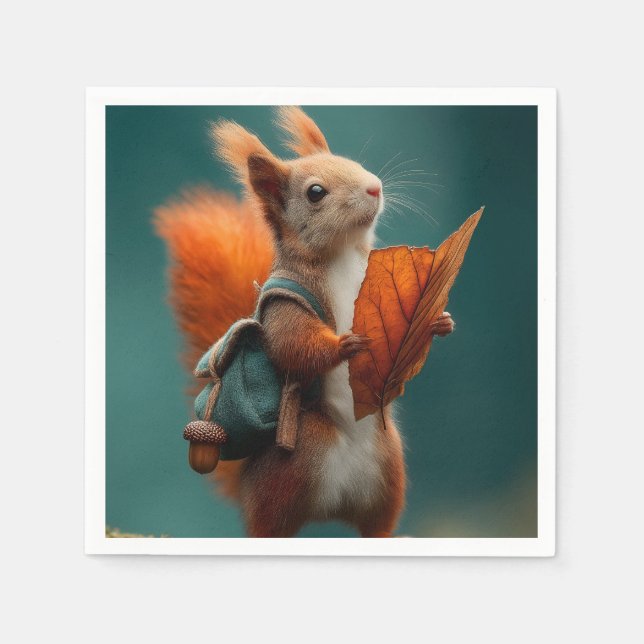 Serviette En Papier Écureuil avec sac à dos et feuille d'automne (Devant)