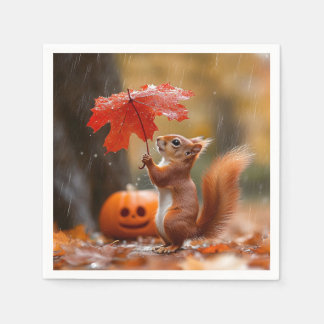 Serviette En Papier Écureuil mignon avec parapluie à feuilles - Pluie