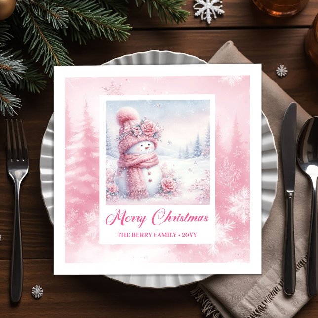 Serviette En Papier Editable Pink Snowman Kids Winter Scene Pinkmas  (Editable Pink Snowman Kids Winter Scene Pinkmas Christmas Napkins

)