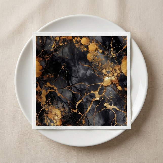 Serviette En Papier Effet de marbre de luxe noir et or (Black and gold luxury marble effect Napkins.)
