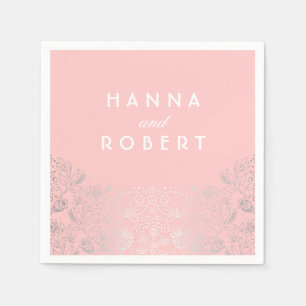 Serviette En Papier Effet Foil Argent Floral Campagne Mariage rose