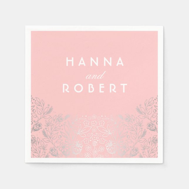 Serviette En Papier Effet Foil Argent Floral Campagne Mariage rose (Devant)