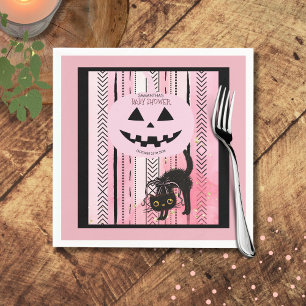 Serviette En Papier Éffrayant Halloween Pink et Black Stripes Citrouil