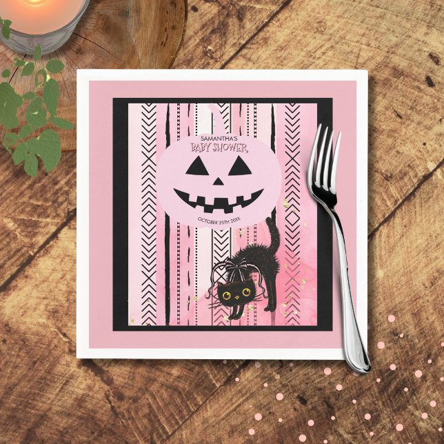 Serviette En Papier Éffrayant Halloween Pink et Black Stripes Citrouil (Spooky Halloween Pink and Black Stripes Pumpkin Napkins)
