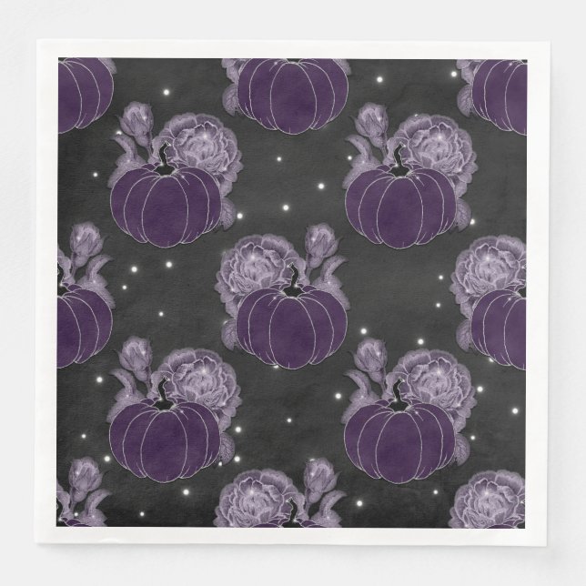 SERVIETTE EN PAPIER ÉFFRAYANT PURPLE HALLOWEEN FLEURS CITROUILLES (Devant)
