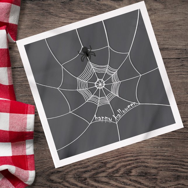 Serviette En Papier Éffrayant Spider dans Spider Web (Happy Halloween spider web napkin with black and white design.)