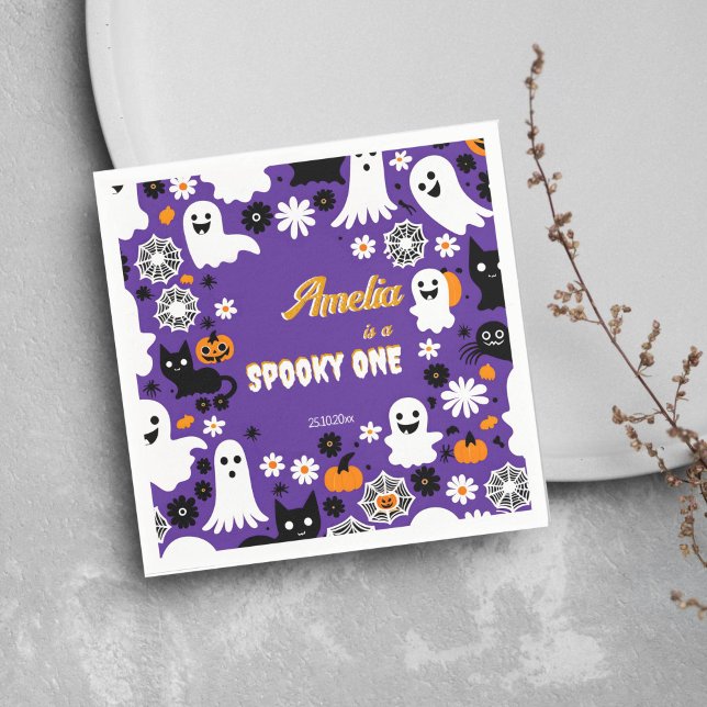 Serviette En Papier Éffrayant un anniversaire d'Halloween super margue (Spooky one Halloween birthday tableware personalized napkins purple cute ghosts retro daisy pumpkins)