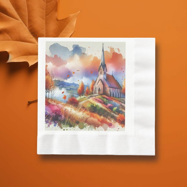 Serviette En Papier Église aquarelle le jour d'automne (Créateur téléchargé)