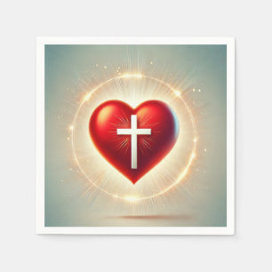 Serviette En Papier Eglise du coeur rouge vif Crucifix Découpage