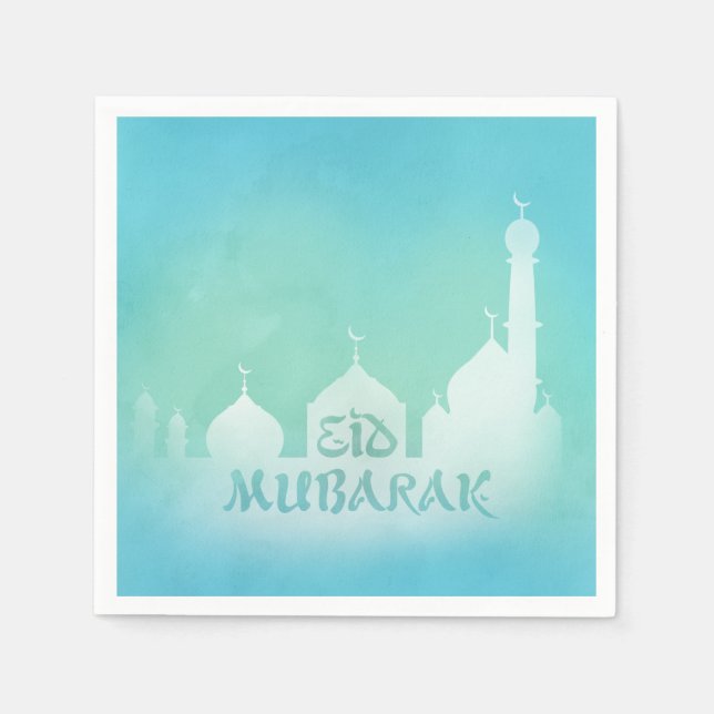 Serviette En Papier Eid Moubarak Mosquée bleue Aquarelle - Papier Napk (Devant)