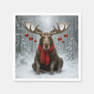 Serviette En Papier Élan de Noël dans une forêt enneigée