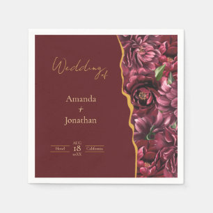 Serviette En Papier Élégance aux fleurs de Bourgogne avec Mariage Gold
