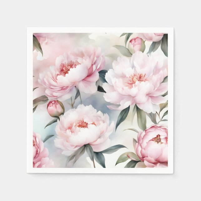 Serviette En Papier Elégance botanique Pink Peonies Aquarelle (Devant)