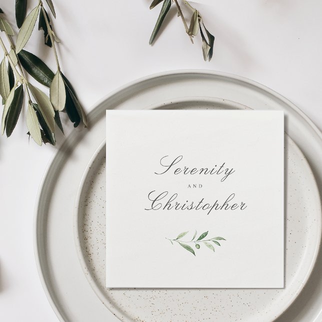 Serviette En Papier Élégance Classique Script Simple Mariage de verdur (Classic Elegance Script Simple Greenery Wedding Napkins)